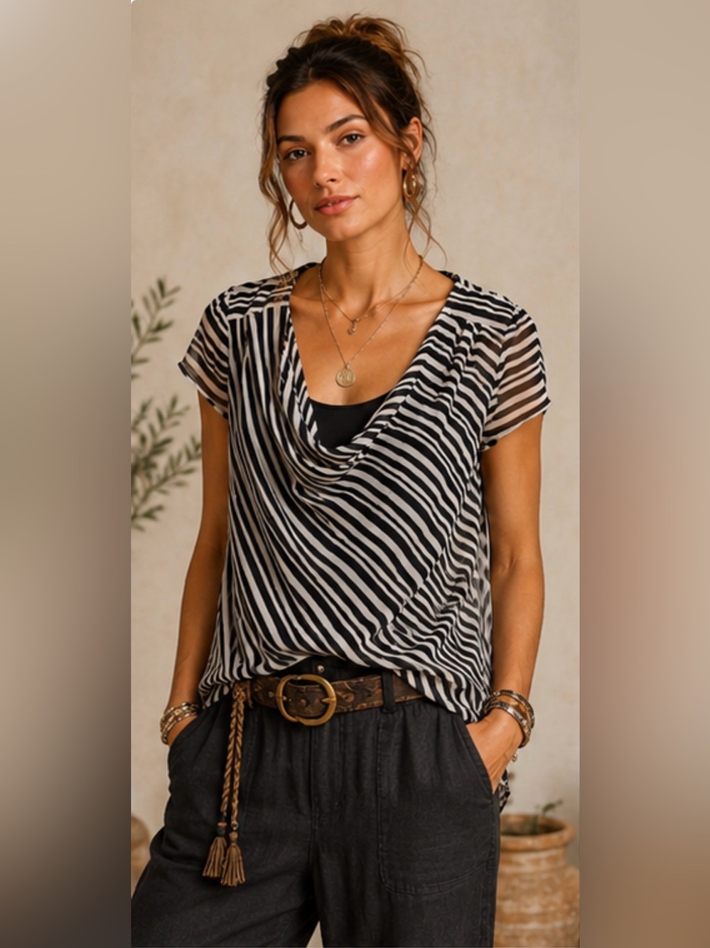 Worthington XL Black White Striped Cowl Neck Blouse Sheer Layered Career Top